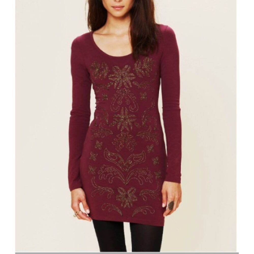 Free People Lady in Waiting Plum Wine Embellished Long Sleeve Mini Dress‎ S